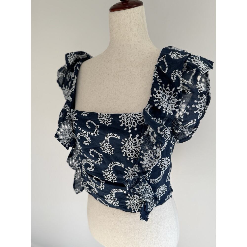 Large Blue Boho Peasant Top Ruffle Cropped Pookie & Sebastian 100% Cotton